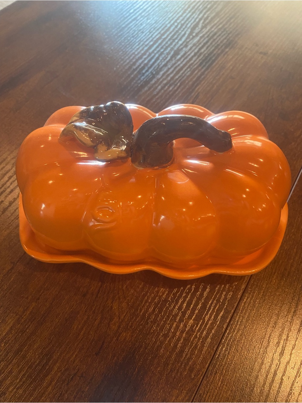 Source Unknown Orange Ceramic Pumpkin Lidded Butter Dish with Brown Stem